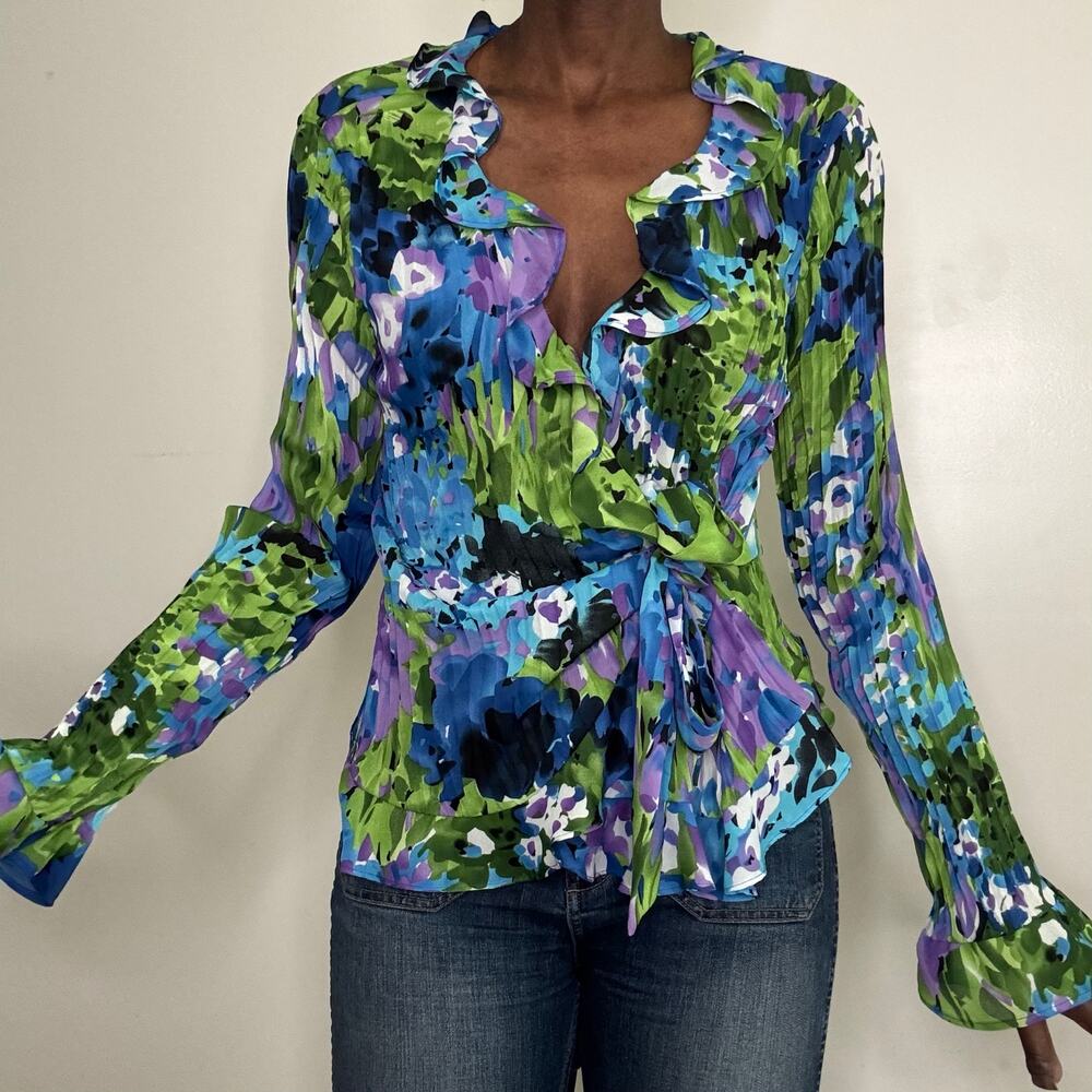 VINTAGE | Y2K Floral Plisse Pleated Ruffle Wrap Blouse Top Size XL